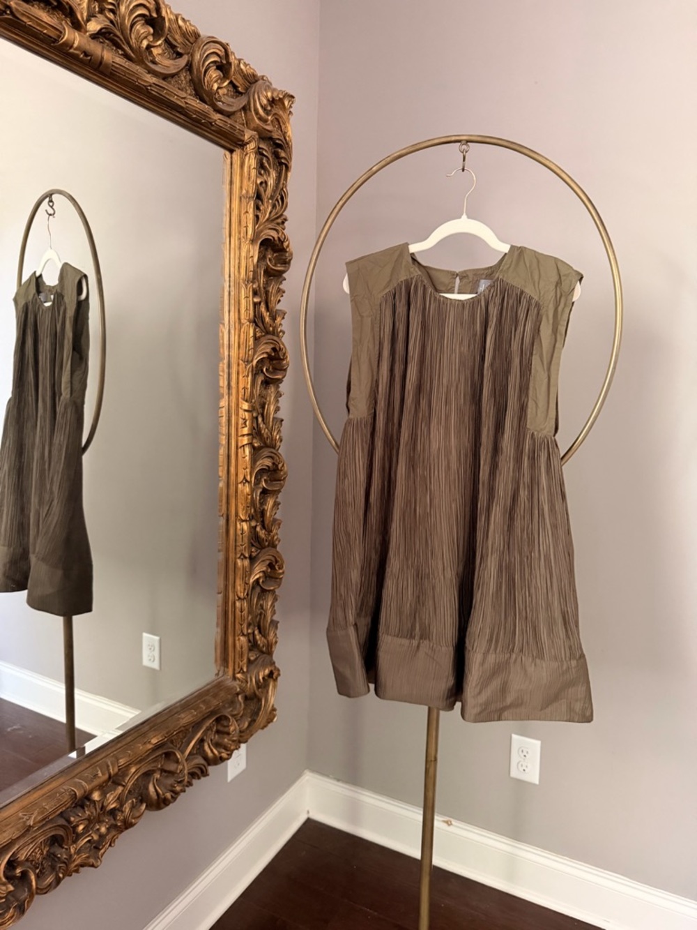 Anthropologie Pleated Sleeveless Shift Dress in Olive Green